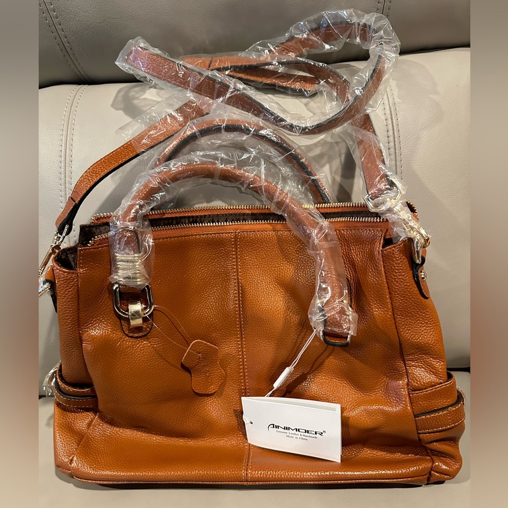 New Ainimoer Handmade Genuine Leather Satchel Purse, Gold Hardware and Tags